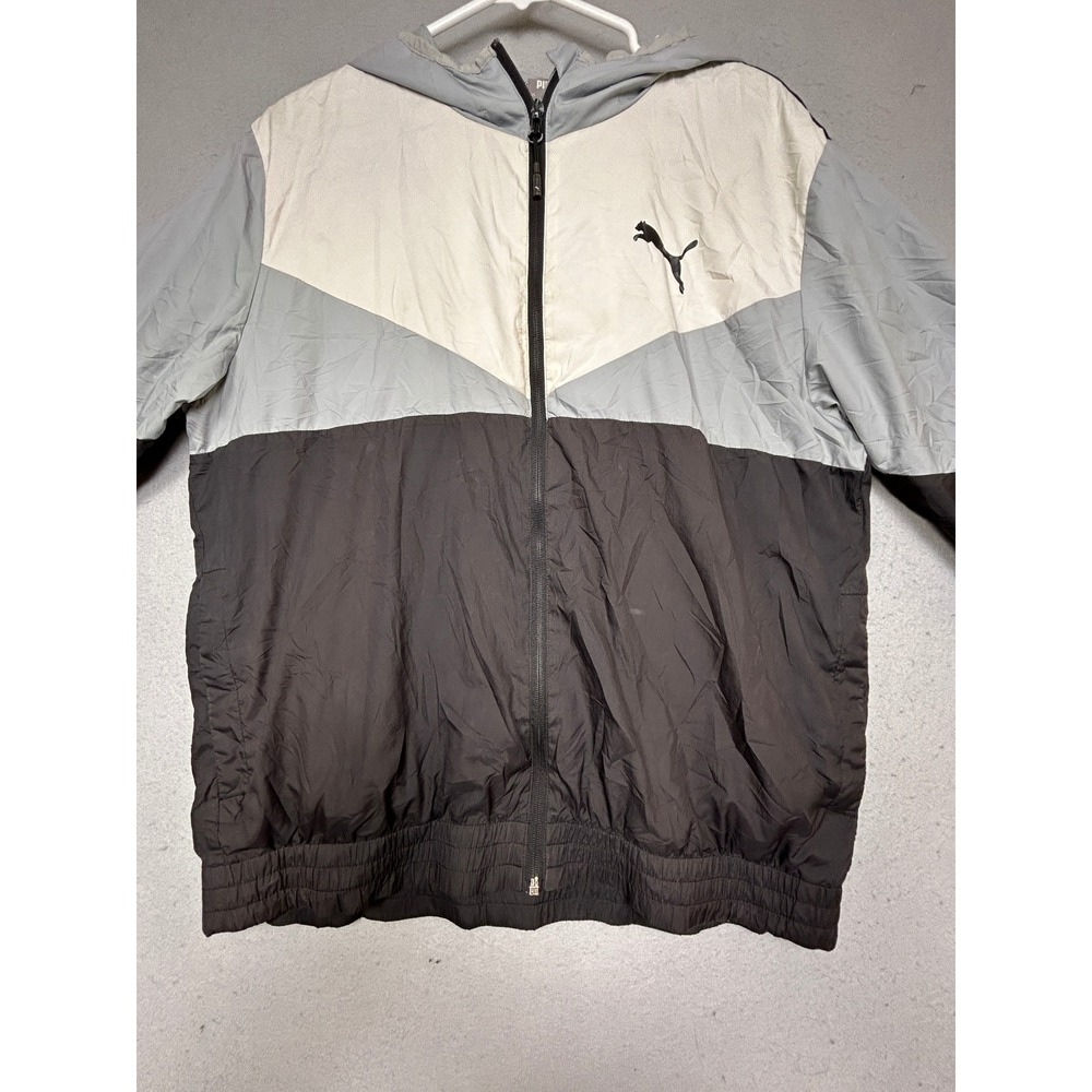 PUMA Windbreaker Jacket Polyester Colorblock Grey White Black Large Mens